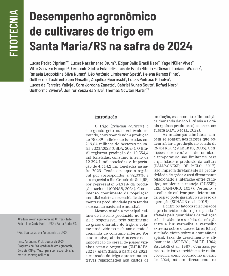 Desempenho agronômico de cultivares de trigo em Santa Maria/RS na safra de 2024