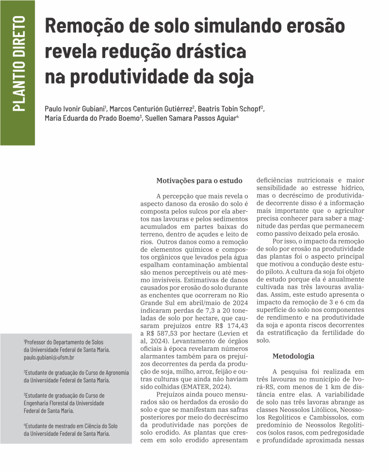 Remoção de solo simulando erosão revela redução drástica na produtividade da soja