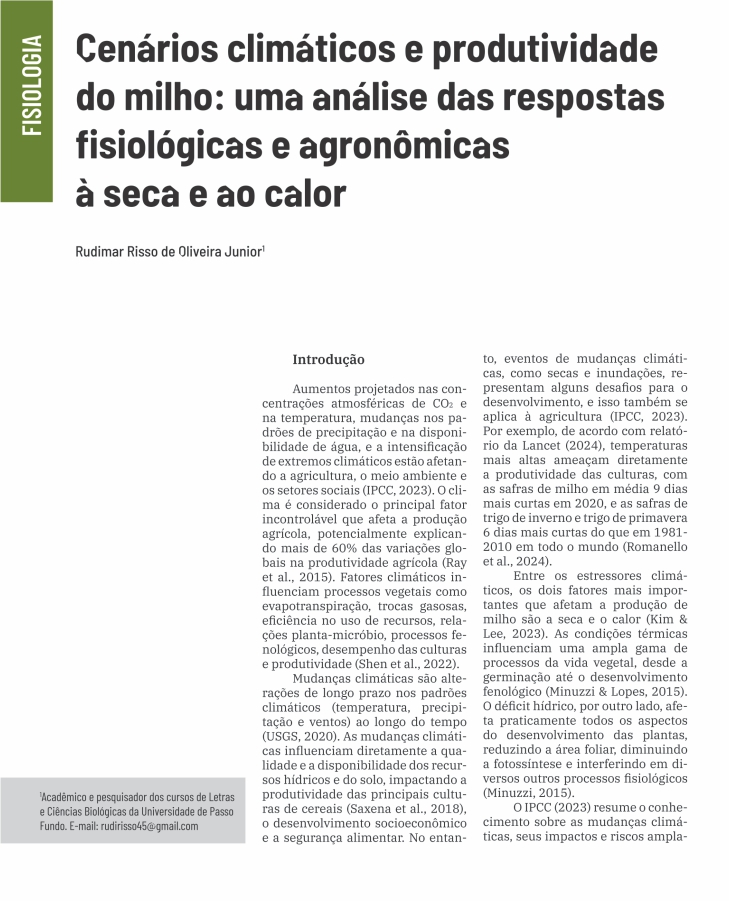 Cenários climáticos e produtividade do milho: uma análise das respostas fisiológicas e agronômicas à seca e ao calor